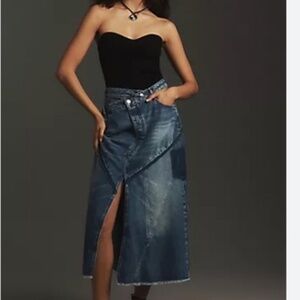 Anthropologie Pilcro Elsia Patchwork Denim Flounce Midi Skirt